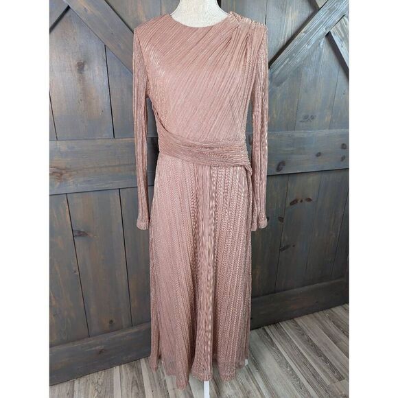 Shein MOTF Q Maxi Dress Women's Large Pink Rib Sheer Lined Glitter Long Sleeve - Picture 1 of 14